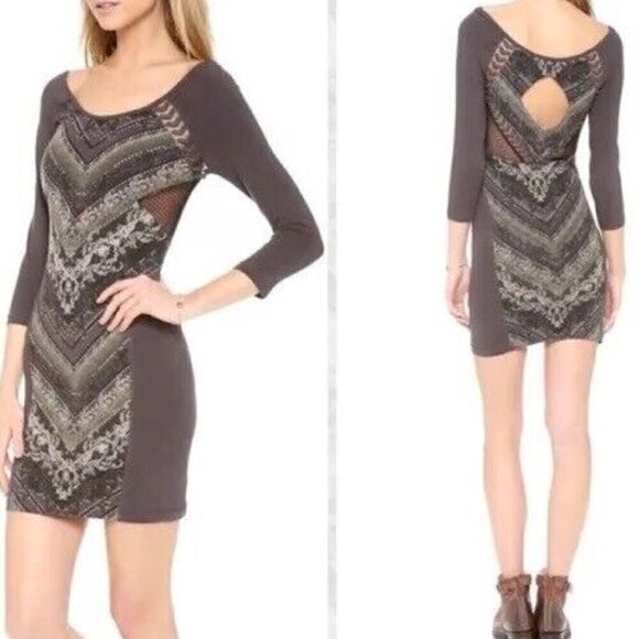 Free People Out Of Africa Mini Dress w/Keyhole Back Mesh Insets Size Large EUC - Picture 6 of 12